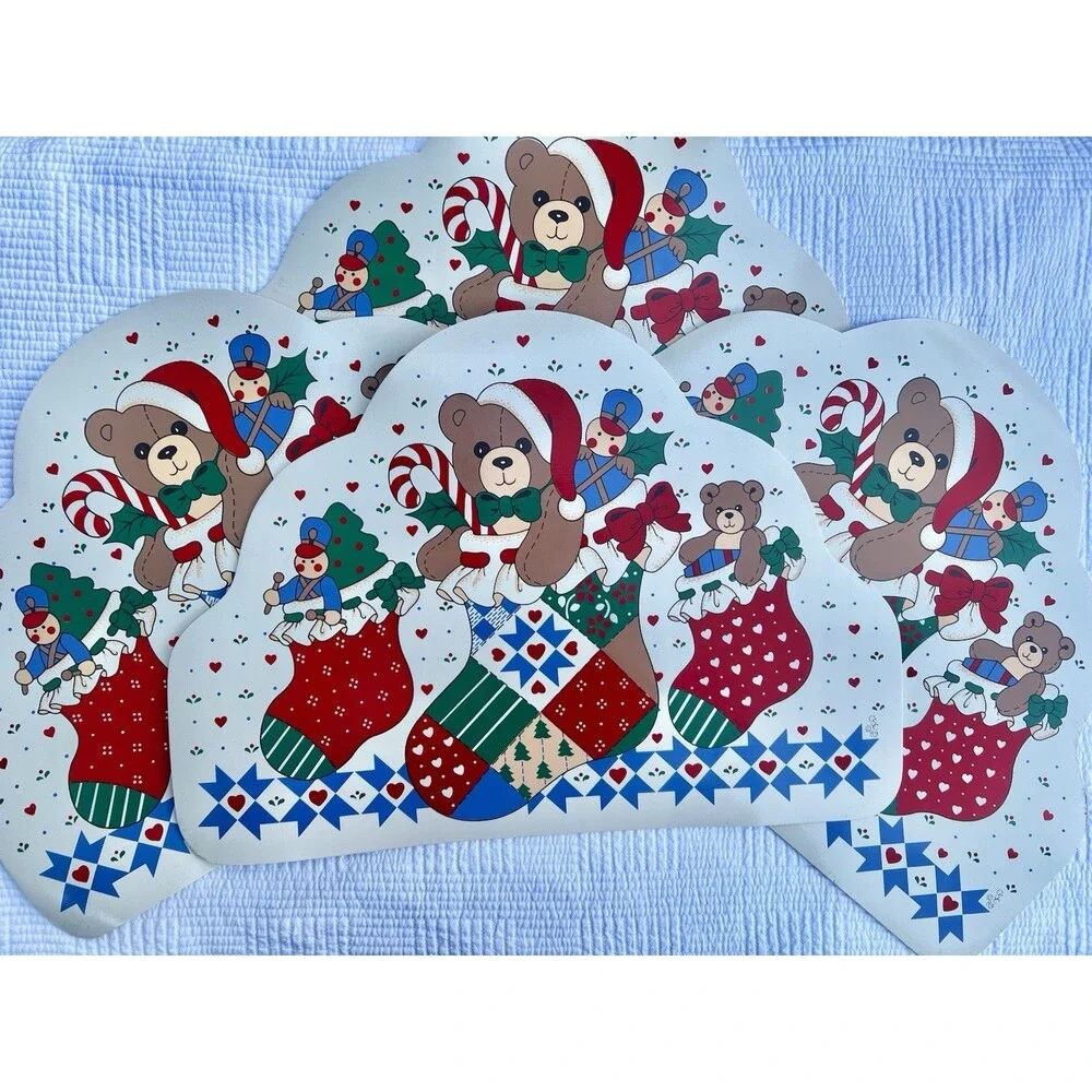 Vintage 1989 Christmas Teddy Bear Placemats – Set of 4 Large Holiday Table Mats